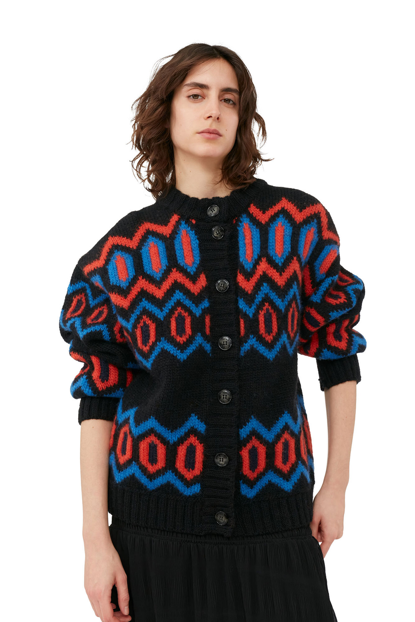 Black Chunky Graphic Wool Cardigan, Organic Wool, in colour Black - 4 - GANNI