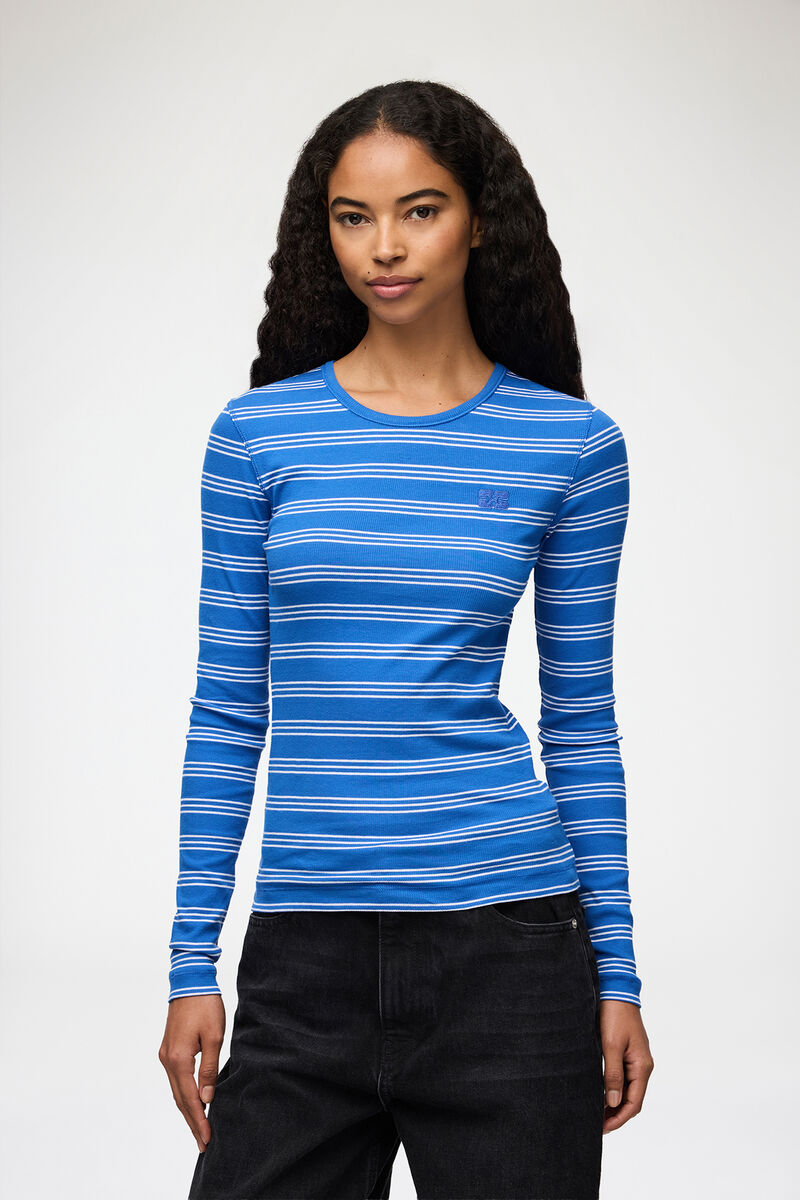 Long-sleeve Top with Stripes, Organic Cotton, in colour Nouvean Navy - 1 - GANNI