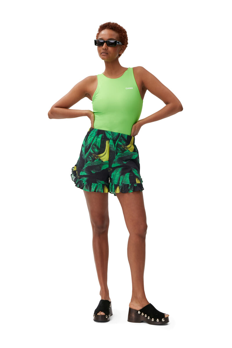 Ruffled Beach Shorts, Cotton, in colour Banana Tree Black - 1 - GANNI