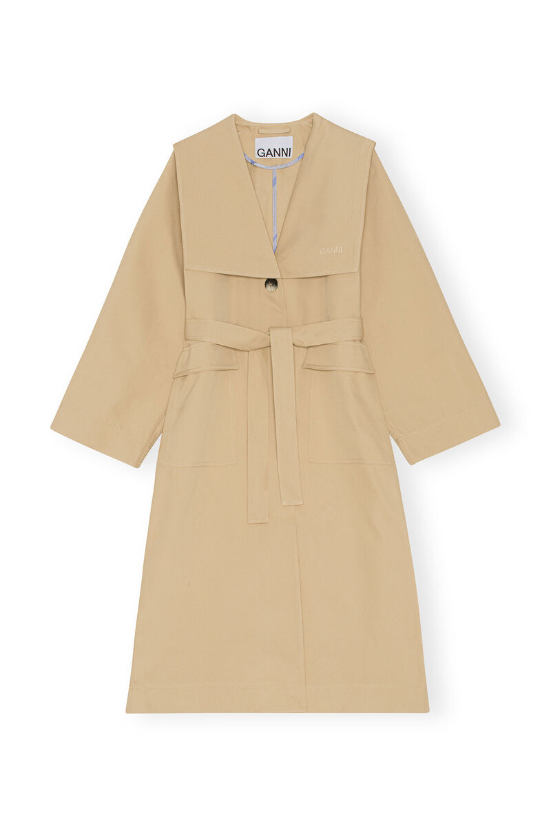Heavy Twill Oversized Trench Coat, Recycled Polyester, in colour Pale Khaki - 1 - GANNI