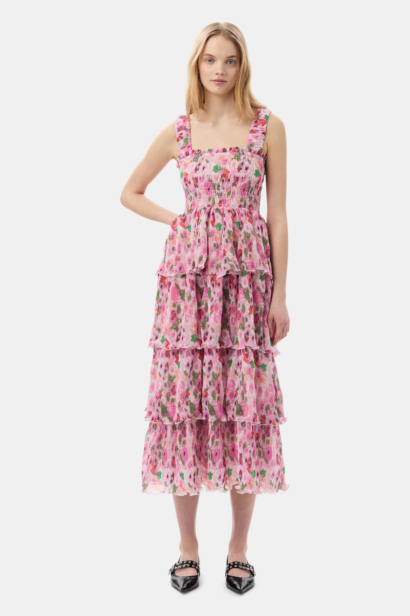 Pleated Georgette Smock Midi Dress, Recycled Polyester, in colour Sugar Plum - 1 - GANNI