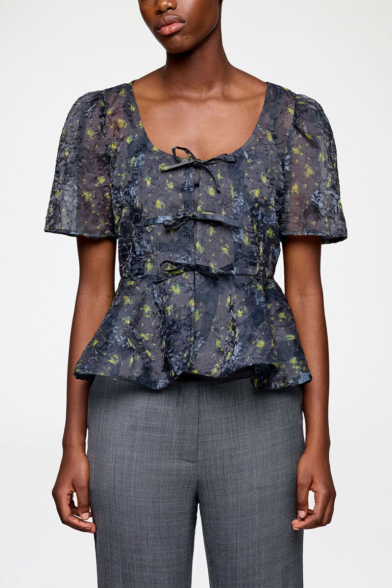 Peplum Blouse in Shibori Organza, Recycled Polyester, in colour Black Sand - 2 - GANNI