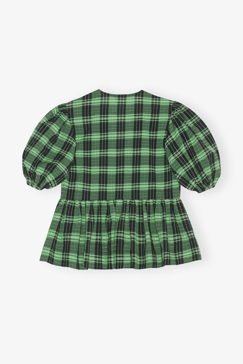 Green Seersucker Check Wrap Blouse, Organic Cotton, in colour Peapod - 4 - GANNI