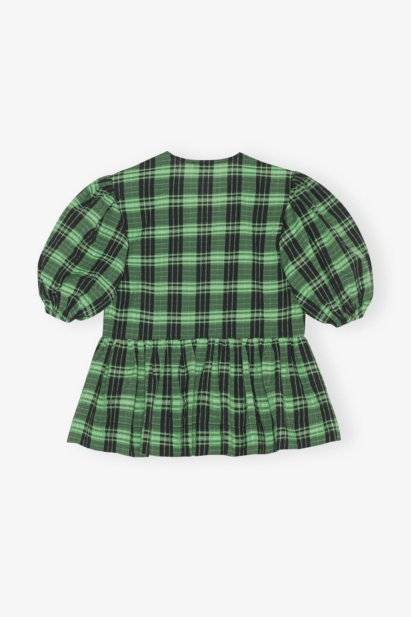 Green Seersucker Check Wrap Blouse, Organic Cotton, in colour Peapod - 4 - GANNI