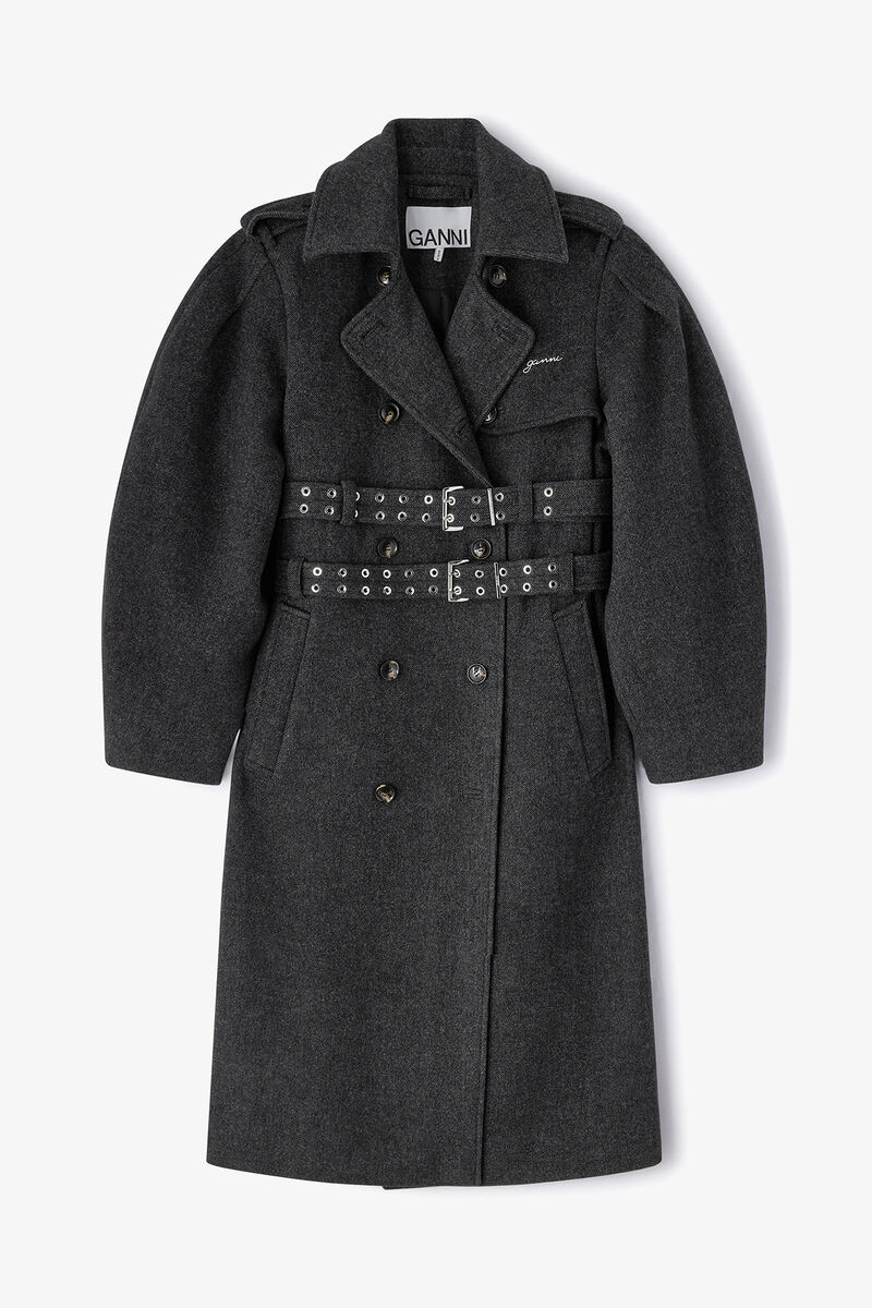 Wool Trench Coat, Wool, in colour Phantom - 2 - GANNI