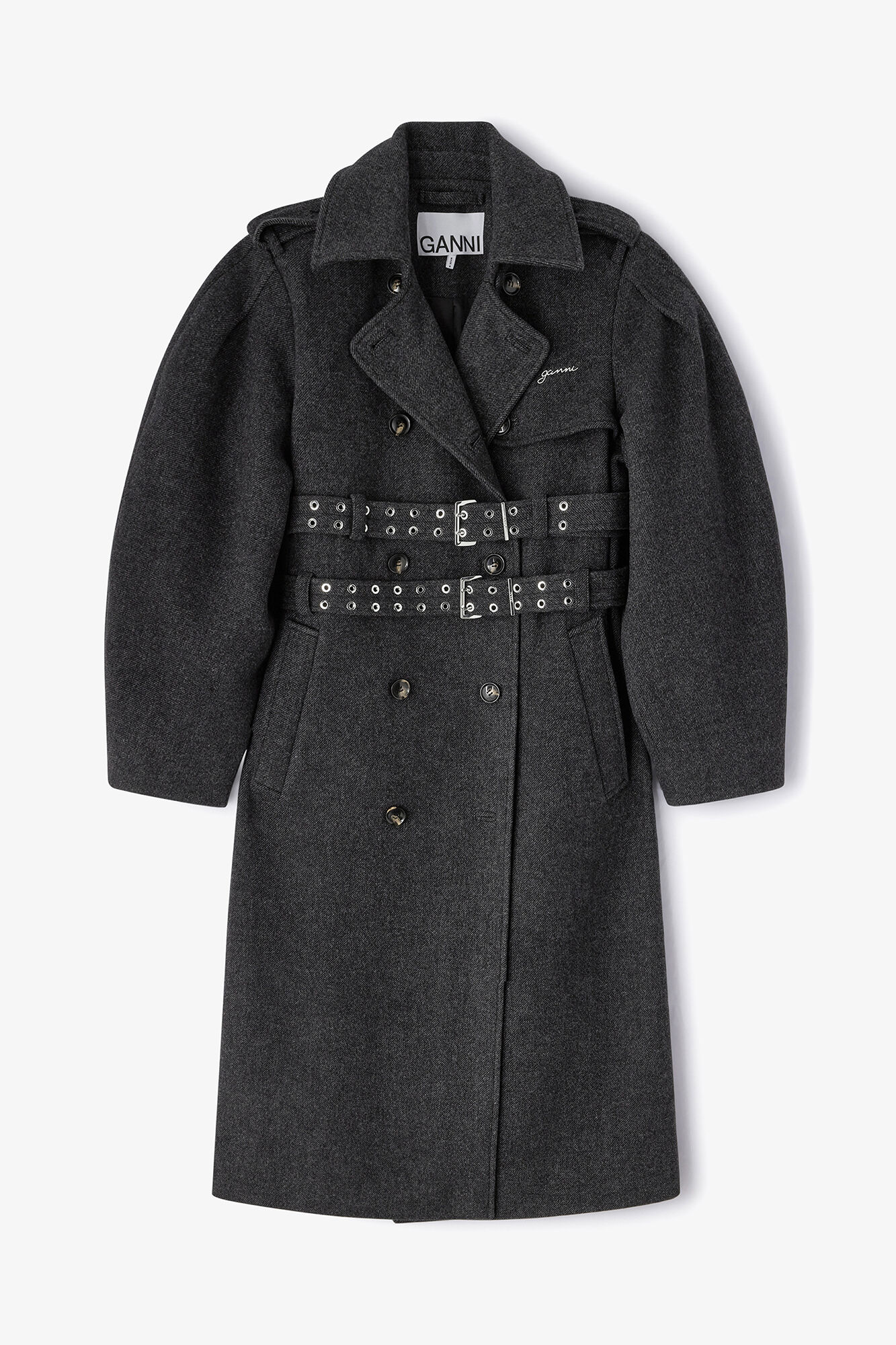 Wool Trench Coat, Wool, in colour Phantom - 2 - GANNI