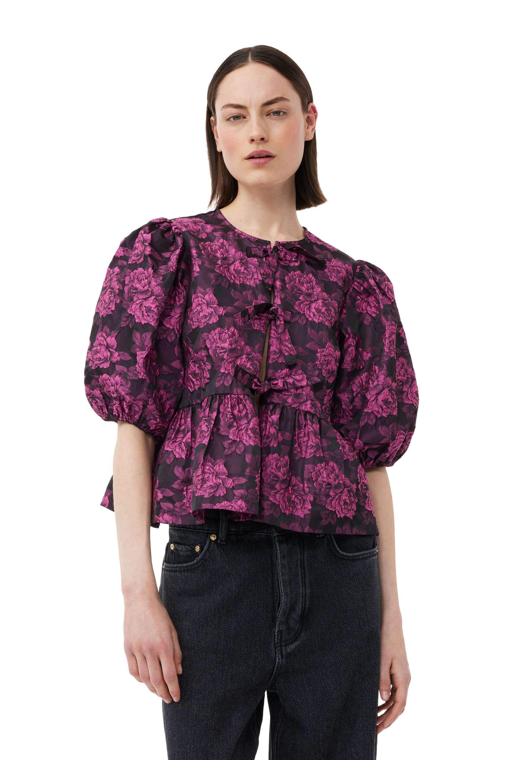 Cone Flower Pink Botanical Jacquard Peplum Bluse | GANNI DE