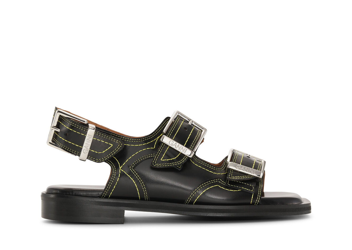 Embroidered Western Sandaler, Calf Leather, in colour Black/Yellow - 1 - GANNI