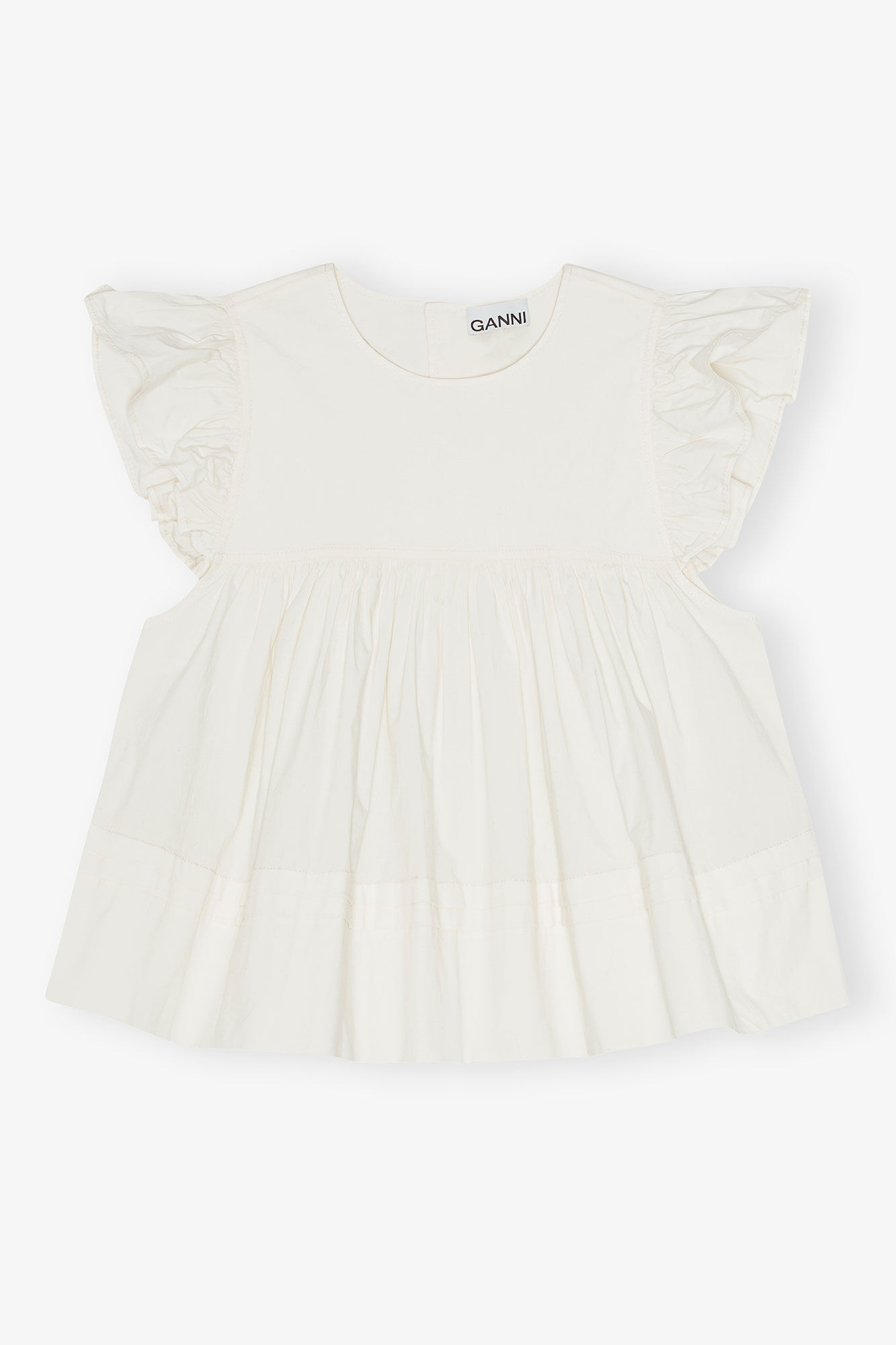 White Stretch Cotton Frill Sleeve Top, Elastane, in colour Egret - 1 - GANNI