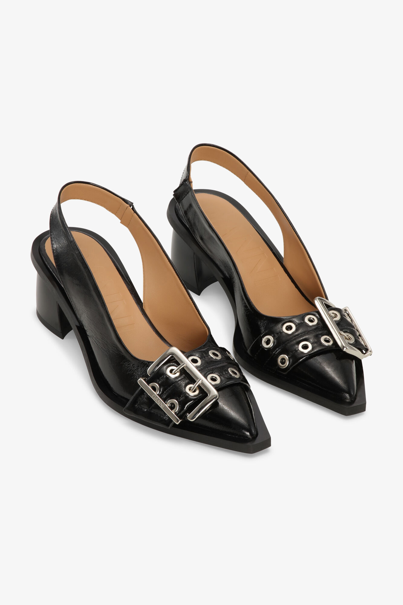 Black Feminine Buckle Slingback Pumps, Polyester, in colour Black - 3 - GANNI