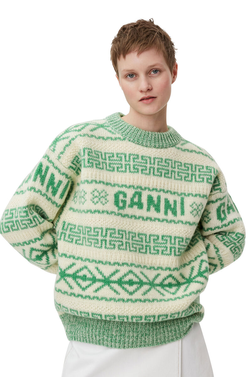 Green Wool Pullover, Organic Wool, in colour Egret - 3 - GANNI
