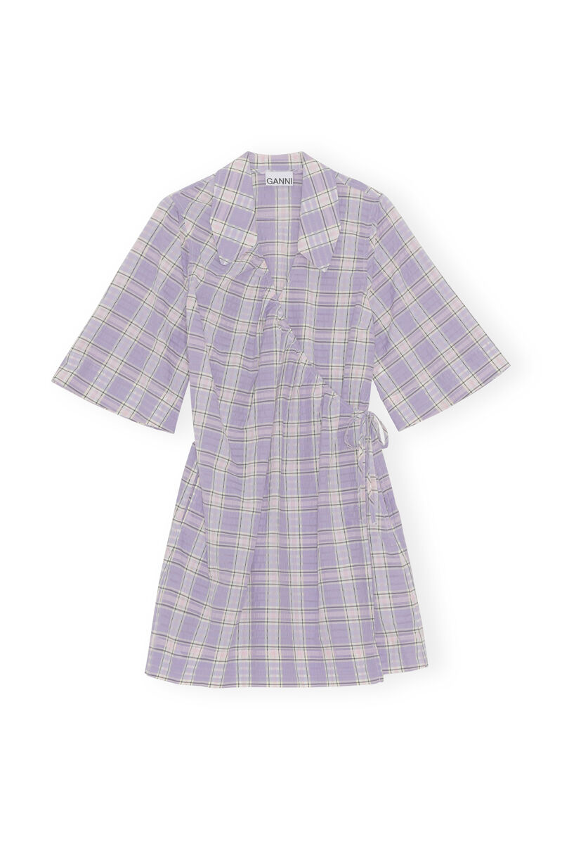 Seersucker Mini Dress, Organic Cotton, in colour Check Persian Violet - 1 - GANNI