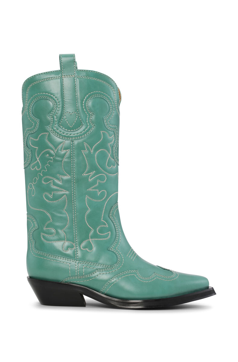 Mid Shaft Embroidered Western Boots, Calf Leather, in colour Kelly Green - 1 - GANNI