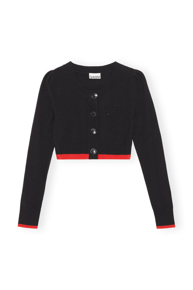 Black O-neck Cropped Cardigan , Cashmere, in colour Black - 1 - GANNI