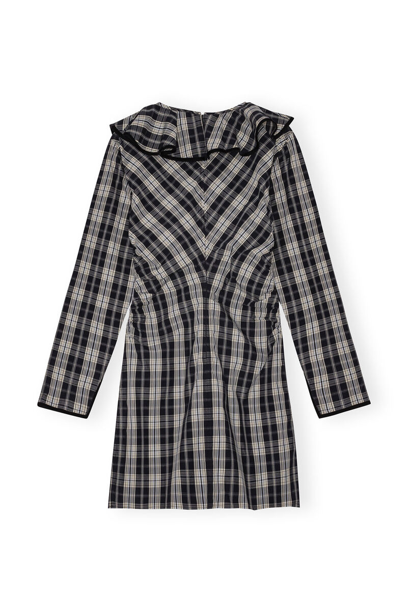 Checkered Cotton Ruffle V-neck Mini Dress, Cotton, in colour Black - 2 - GANNI