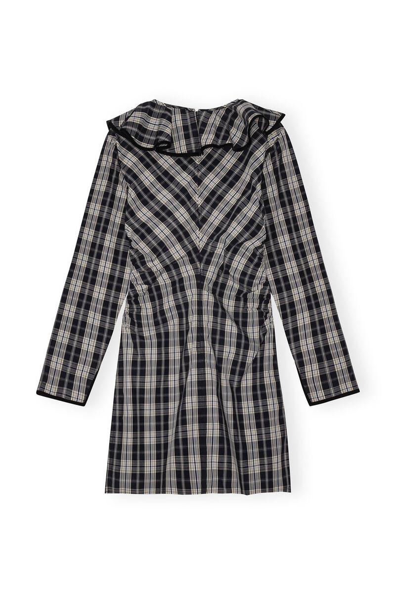 Black Checkered Cotton Ruffle V-neck Mini Dress | GANNI UK