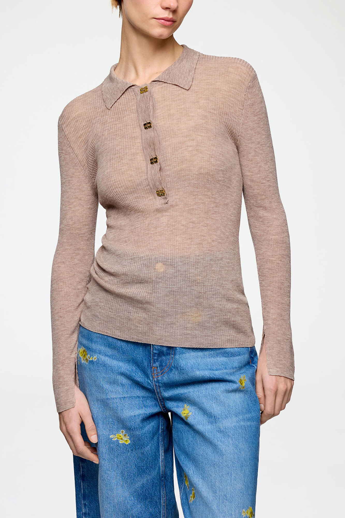 Polo Shirt in Sheer Wool, Wool, in colour Safari - 2 - GANNI