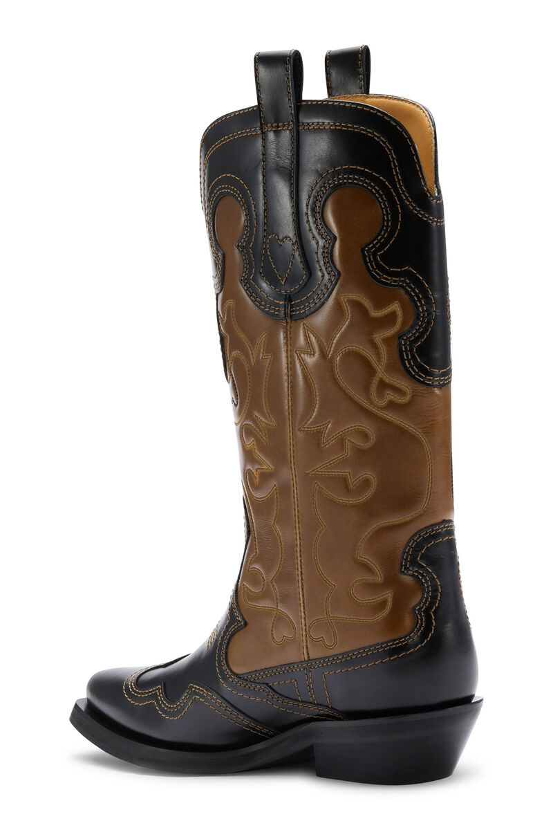 Black/Brown Mid Shaft Embroidered Western Boots, Calf Leather, in colour Tiger's Eye - 2 - GANNI