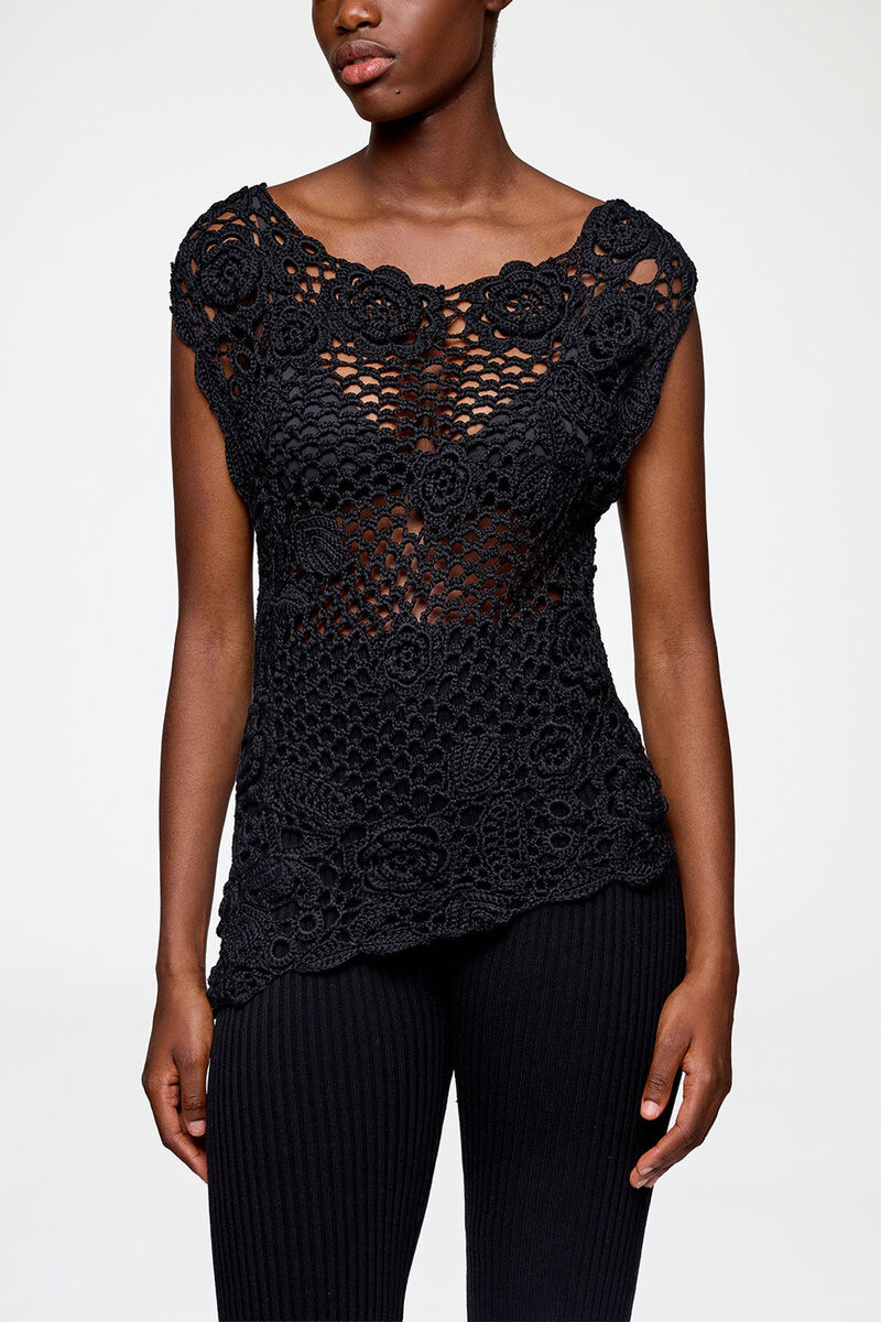 Knit Top in Cotton Crochet, Organic Cotton, in colour Black - 2 - GANNI