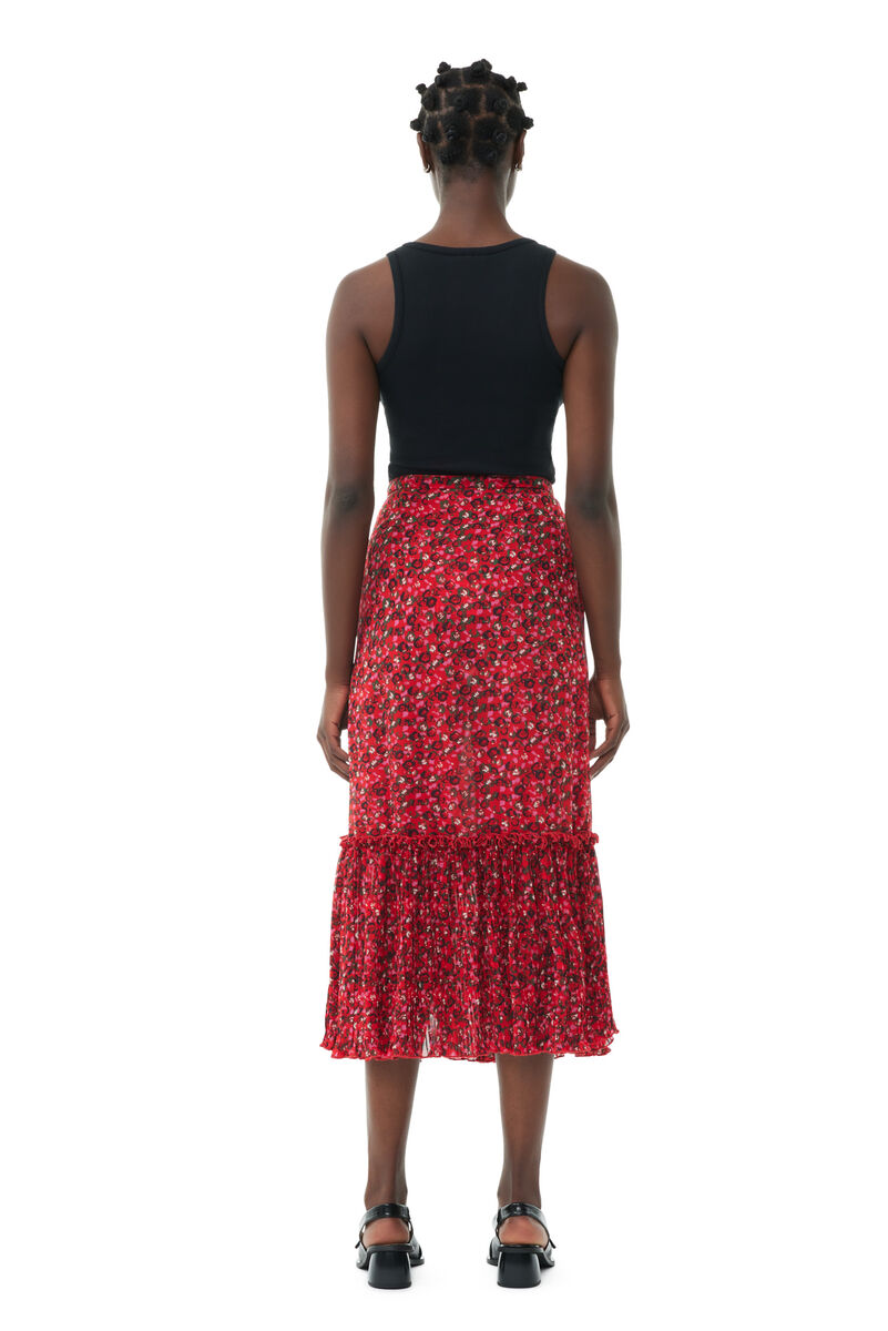 Jupe Red Pleated Georgette Flounce Midi, Recycled Polyester, in colour Racing Red - 4 - GANNI