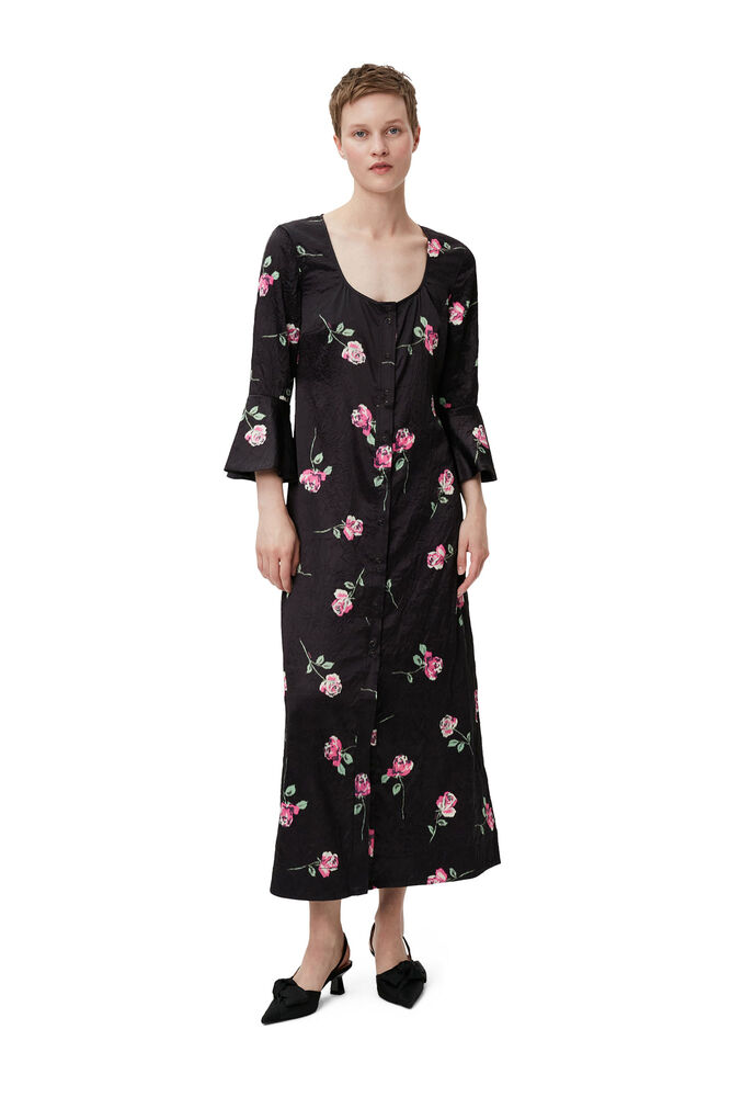 Robe longue en satin froissé, Black