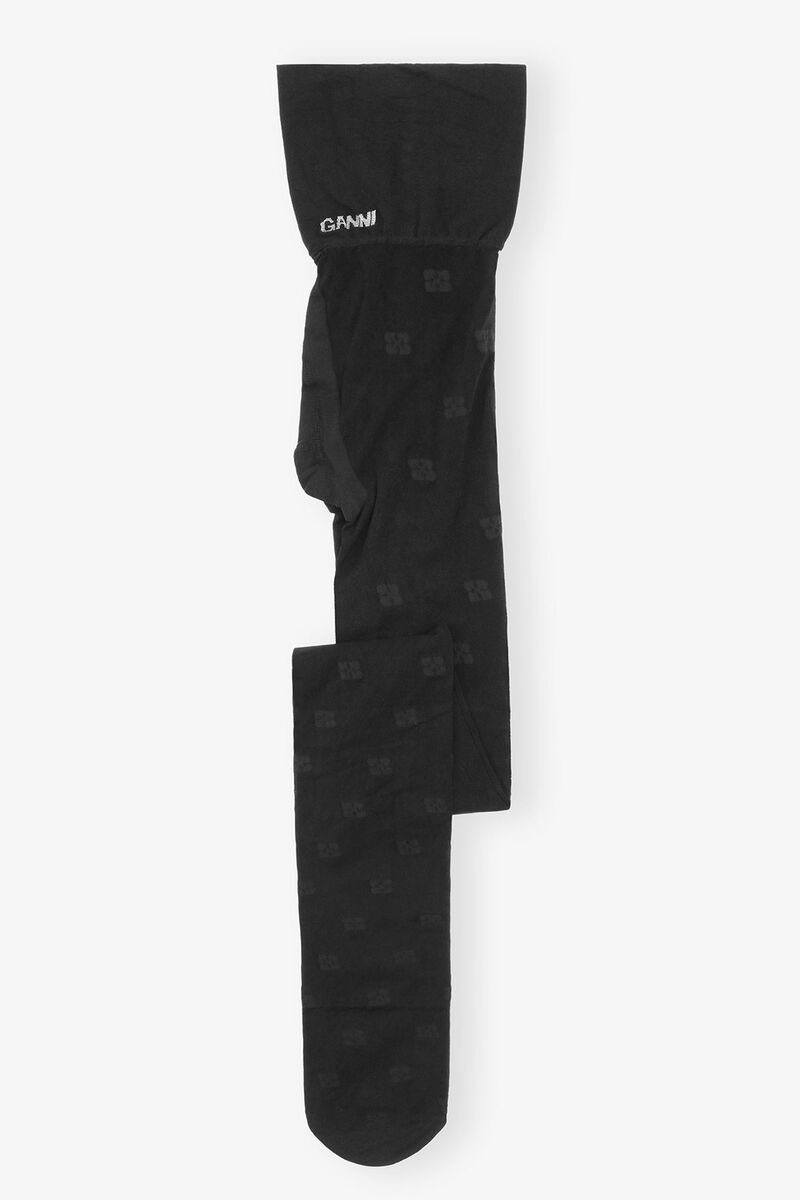 Black Butterfly Lace Tights, Recycled Polyamide, in colour Black - 1 - GANNI