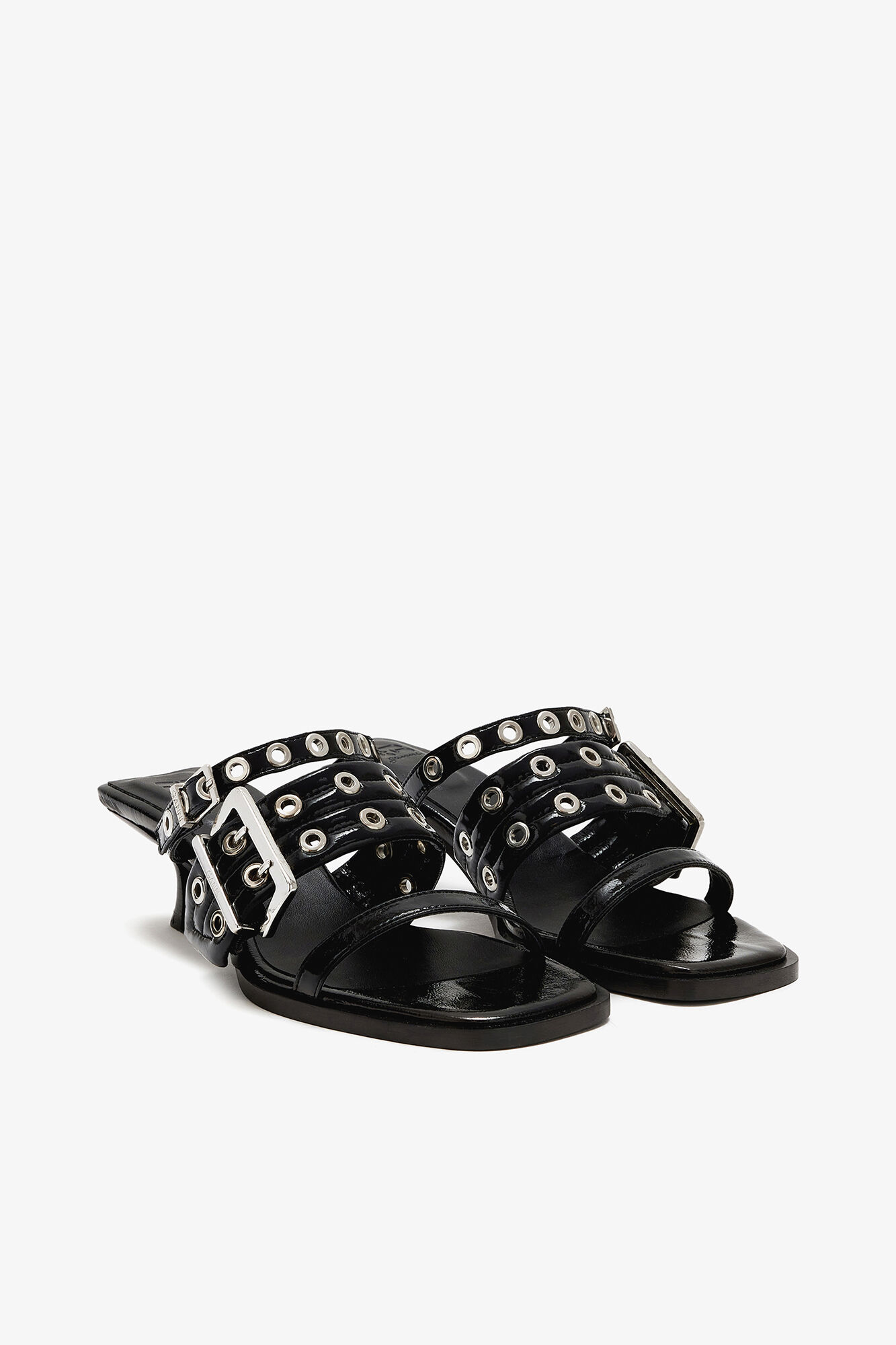 GANNI バックル フラットパンプス ブラックレザー ポインテッドトゥミュール Buckle Strap Mule in Black | GANNI US