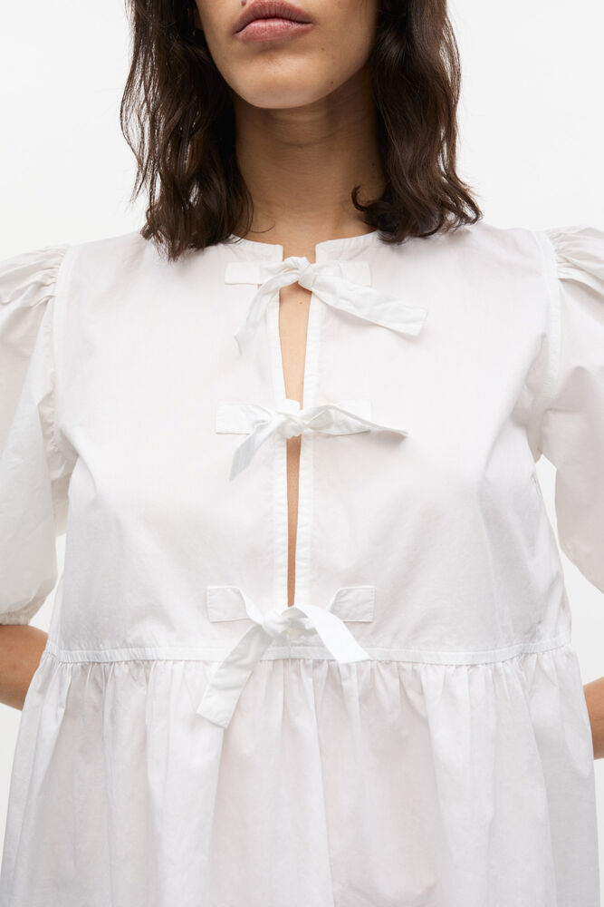 White Cotton Poplin Tie String Mini Dress, Bright White