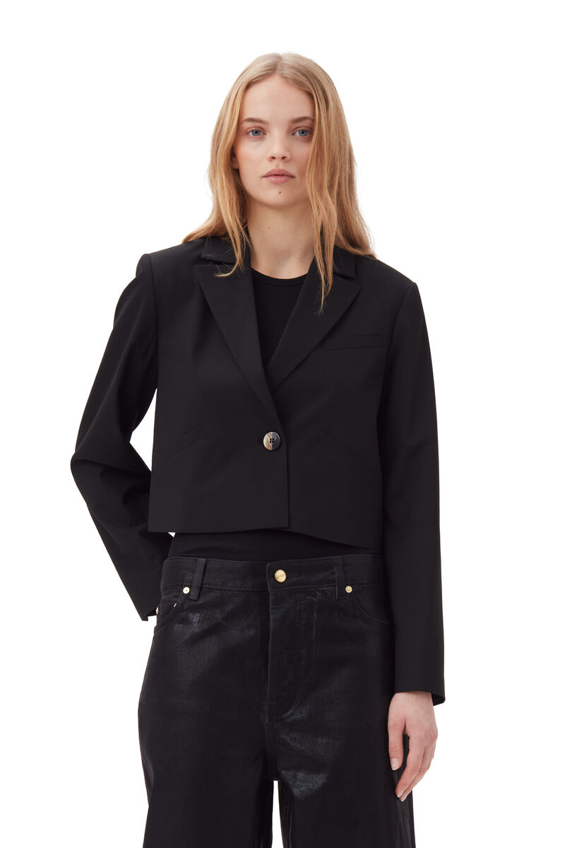 Black Drapey Melange Short Blazer, Elastane, in colour Black - 1 - GANNI