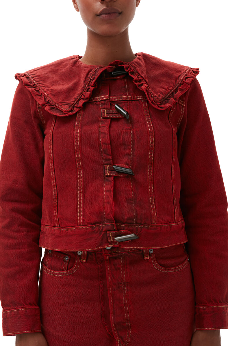 Overdyed Denim Frill Collar Jacket, Cotton, in colour Racing Red - 4 - GANNI