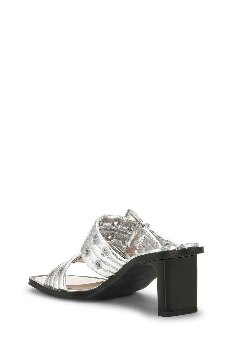 White Feminine Buckle Heeled Mule Sandals, in colour Silver - 3 - GANNI