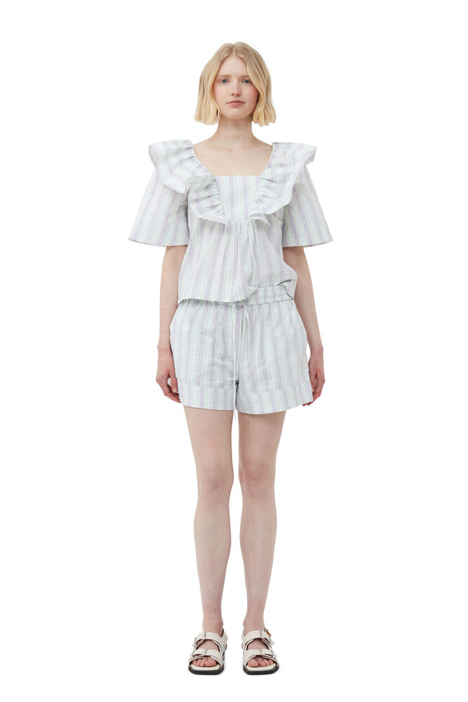 Striped Seersucker blus med krås, Mauve Chalk