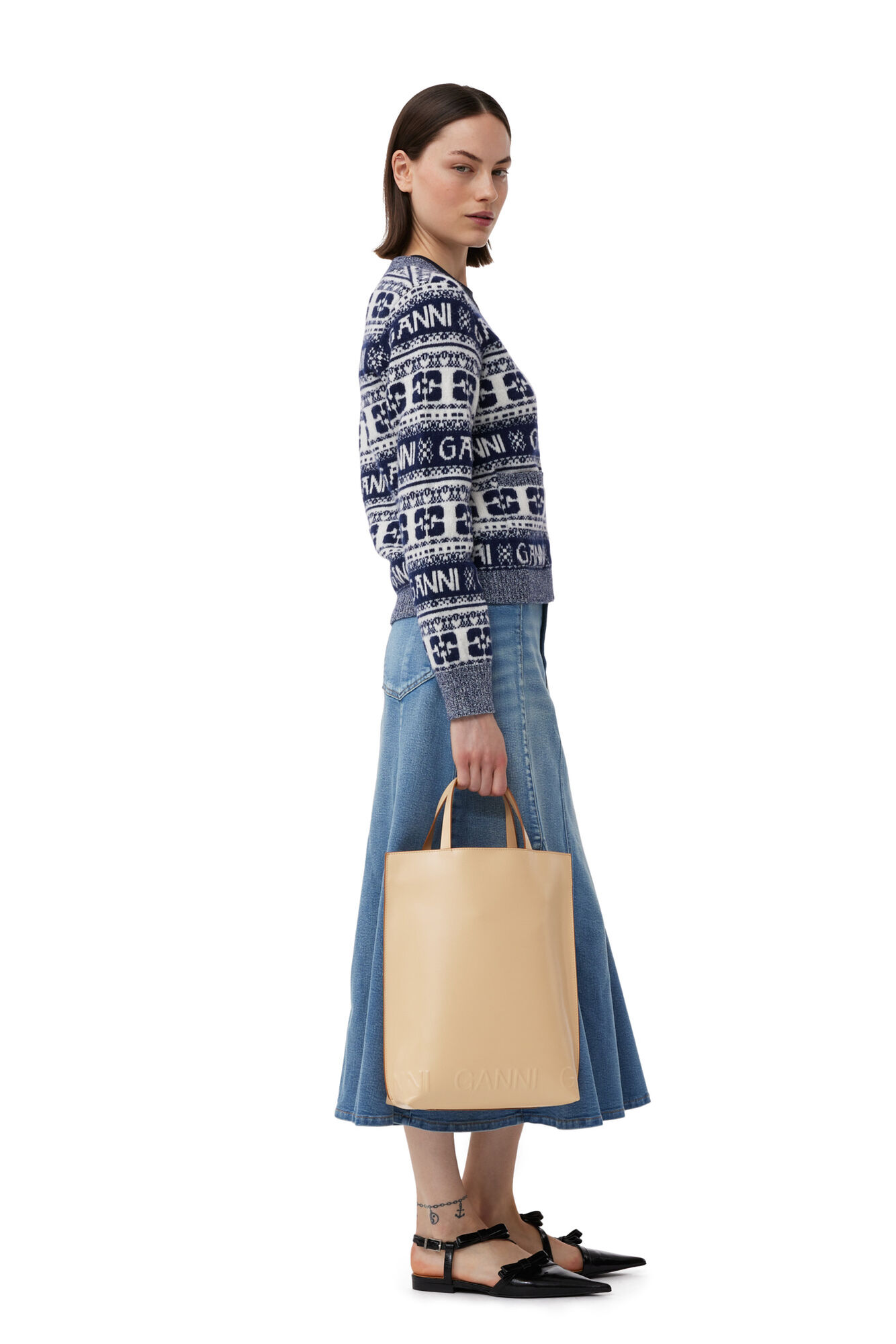 Cream Medium Banner Tote Bag, Polyester, in colour Buttercream - 4 - GANNI