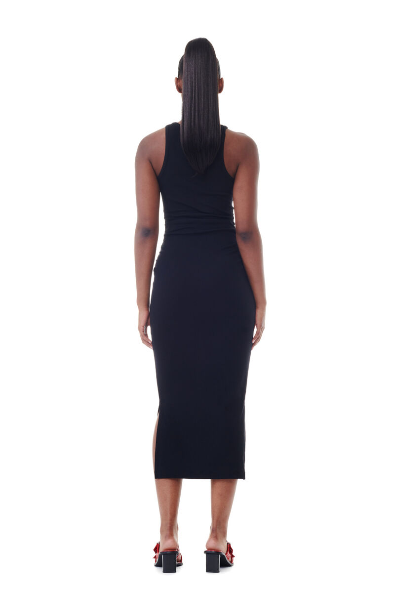 Black Soft Cotton Rib Tank Top Long Dress, Elastane, in colour Black - 4 - GANNI