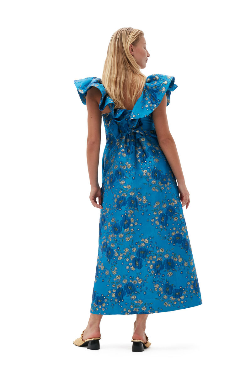 3D Jacquard Ruffle Midi Dress, Elastane, in colour Brilliant Blue - 2 - GANNI