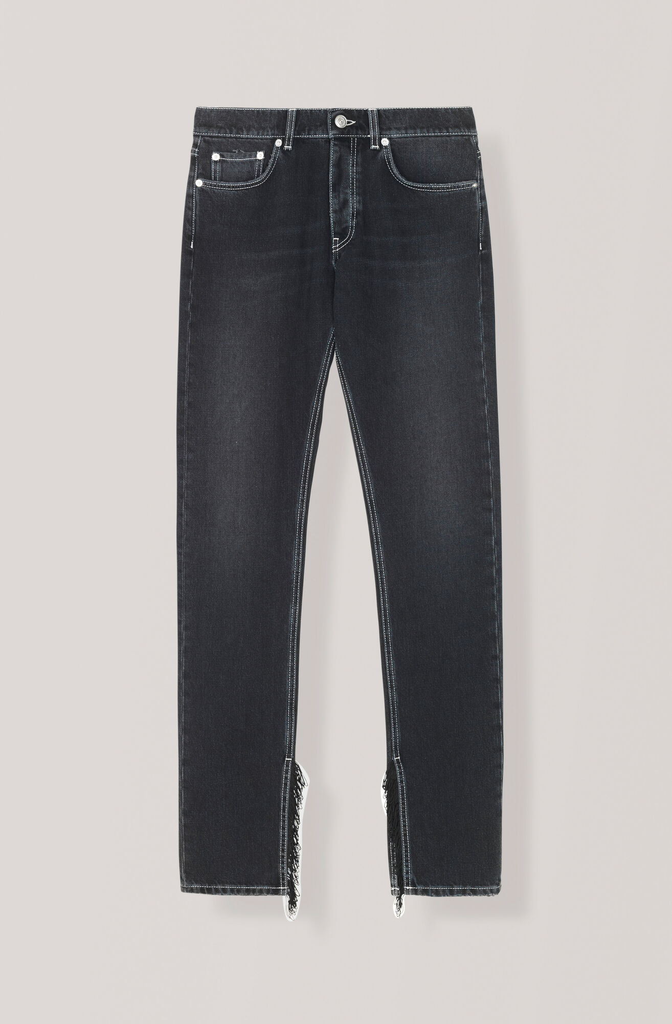 Black Washed Denim Slit Fringe Pants, Black Washed Black Washed Denim Slit Fringe Pants, Black Washed, hi-res