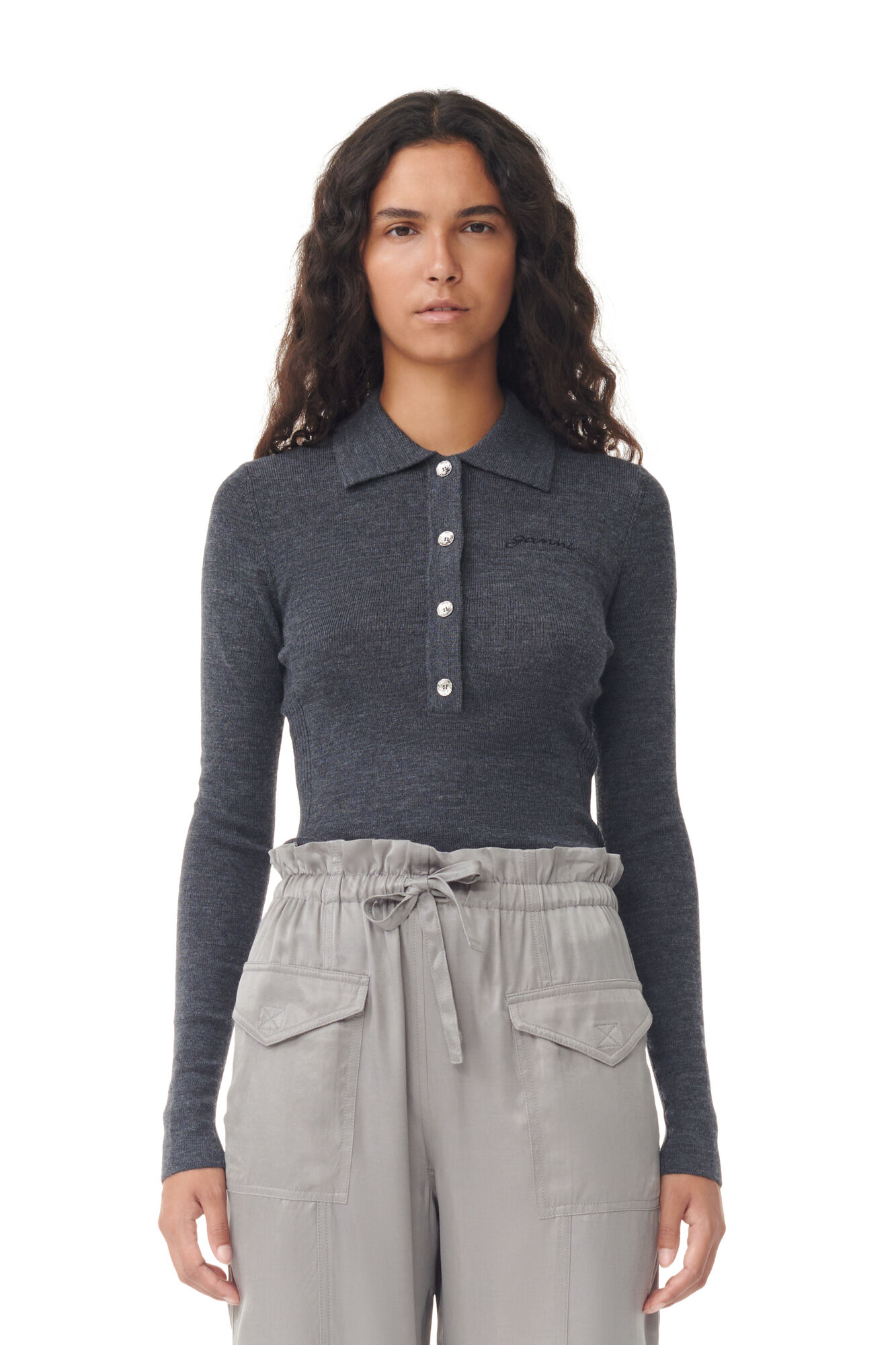 Pantalon Grey Washed Satin, Cupro, in colour Frost Gray - 4 - GANNI