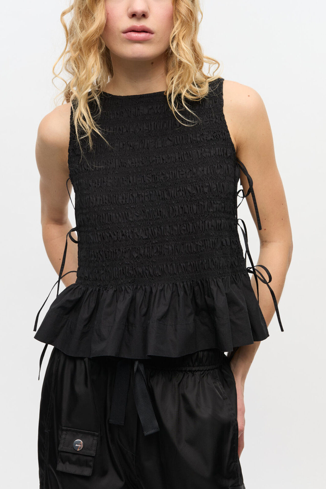 Black Cotton Smock Tie Top, Organic Cotton, in colour Black - 1 - GANNI