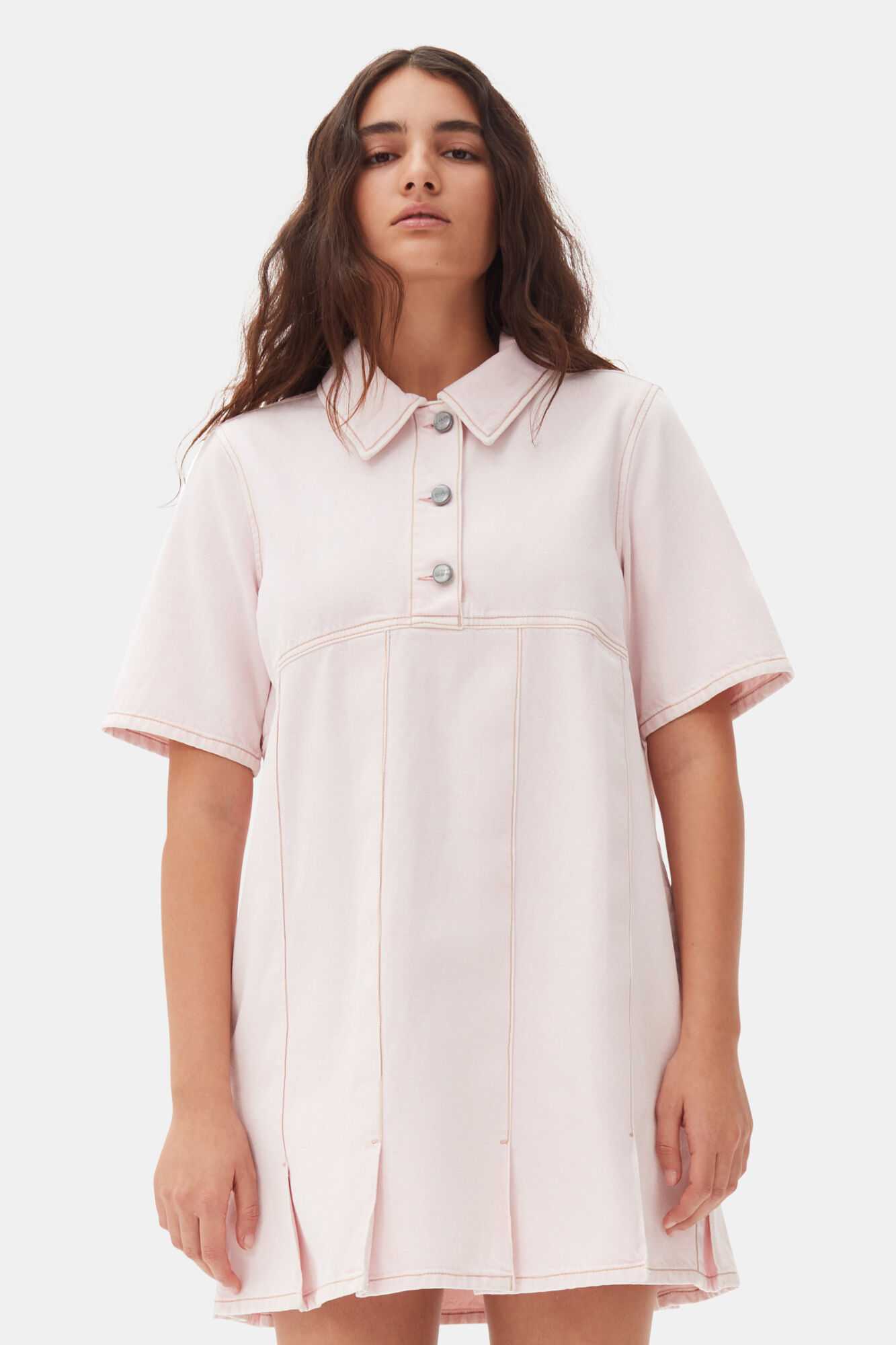 Pink Denim Mini Dress, Cotton, in colour Chalk Pink - 2 - GANNI