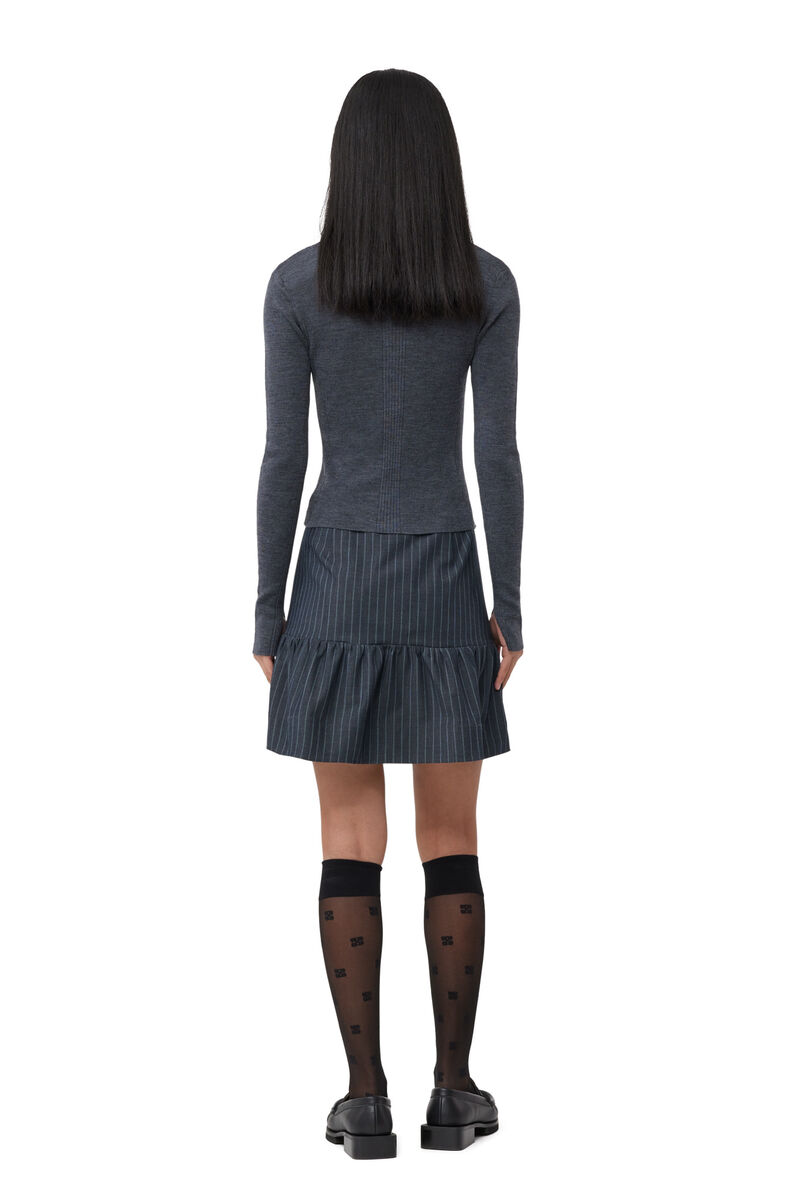 Stretch Striped Flounce Mini Skirt, Elastane, in colour Gray Pinstripe - 2 - GANNI