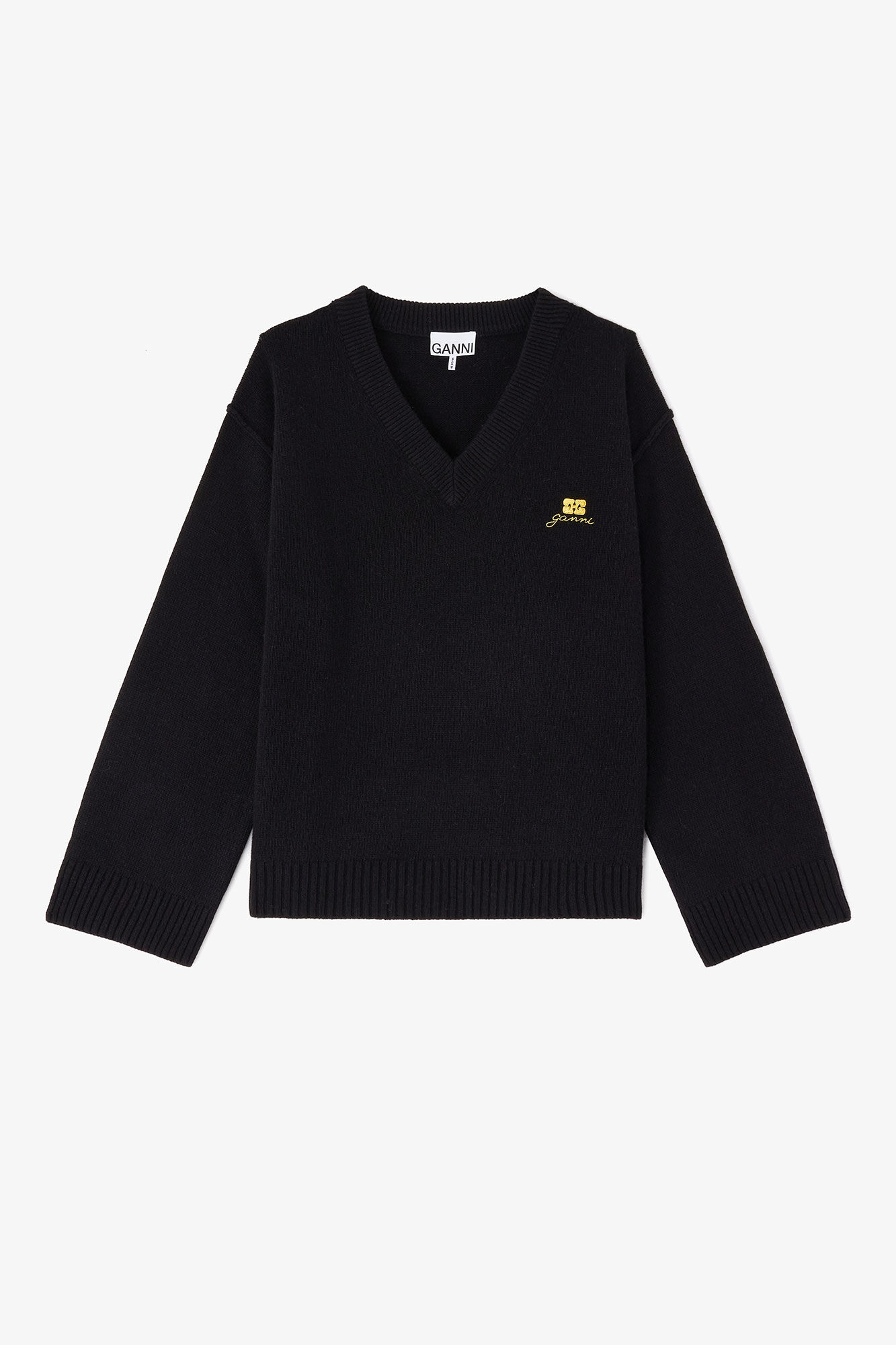 Wool Mix V-Neck Jumper, in colour Jet Black - 1 - GANNI