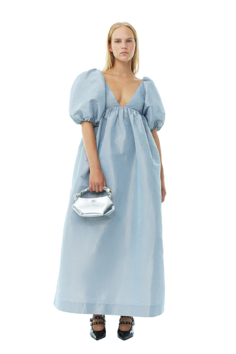 Light Blue Shiny Taffeta Long Kleid, Polyester, in colour Powder Blue - 1 - GANNI