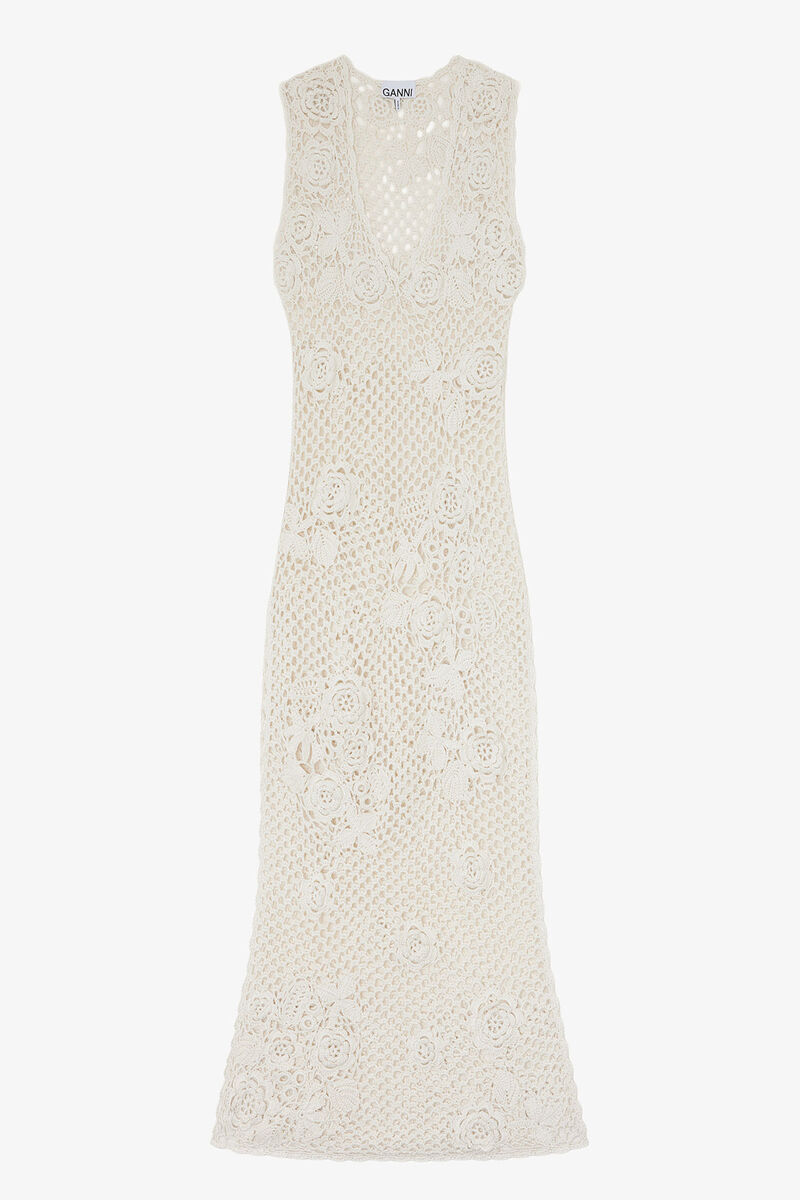 Long Dress in Cotton Crochet, Organic Cotton, in colour Egret - 1 - GANNI