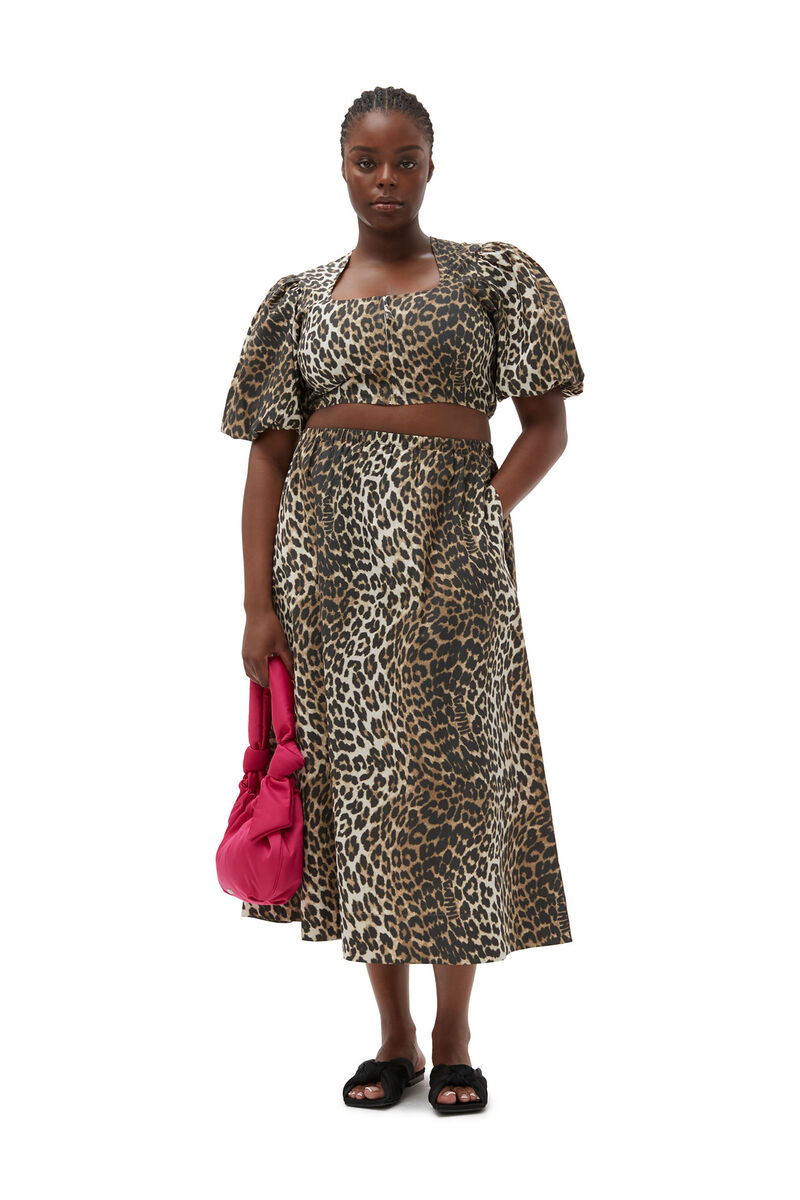 Leopard Printed Elasticated Maxi Skirt, Cotton, in colour Big Leopard Almond Milk - 5 - GANNI