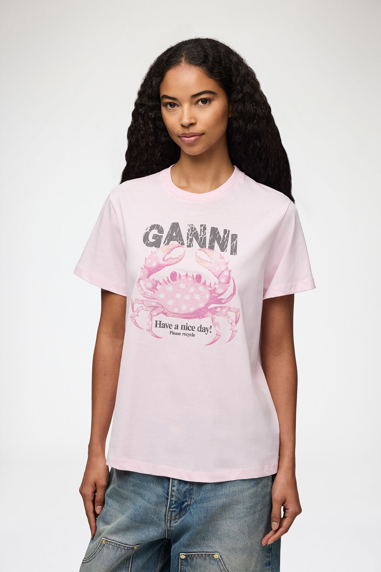 カニプリント Tシャツ, Organic Cotton, in colour Chalk Pink - 1 - GANNI