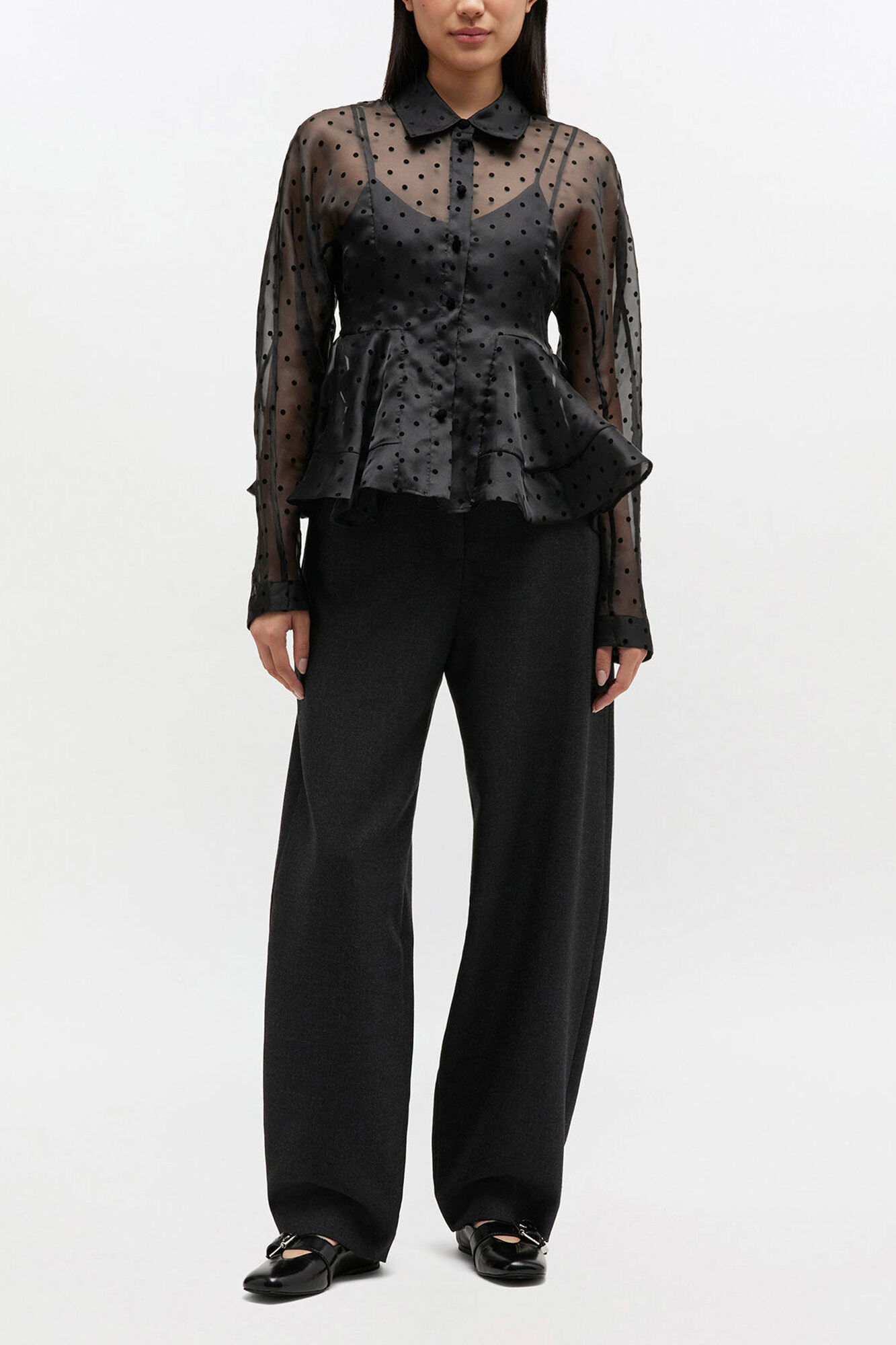 Black Organza Peplum Shirt, Recycled Polyester, in colour Black - 2 - GANNI