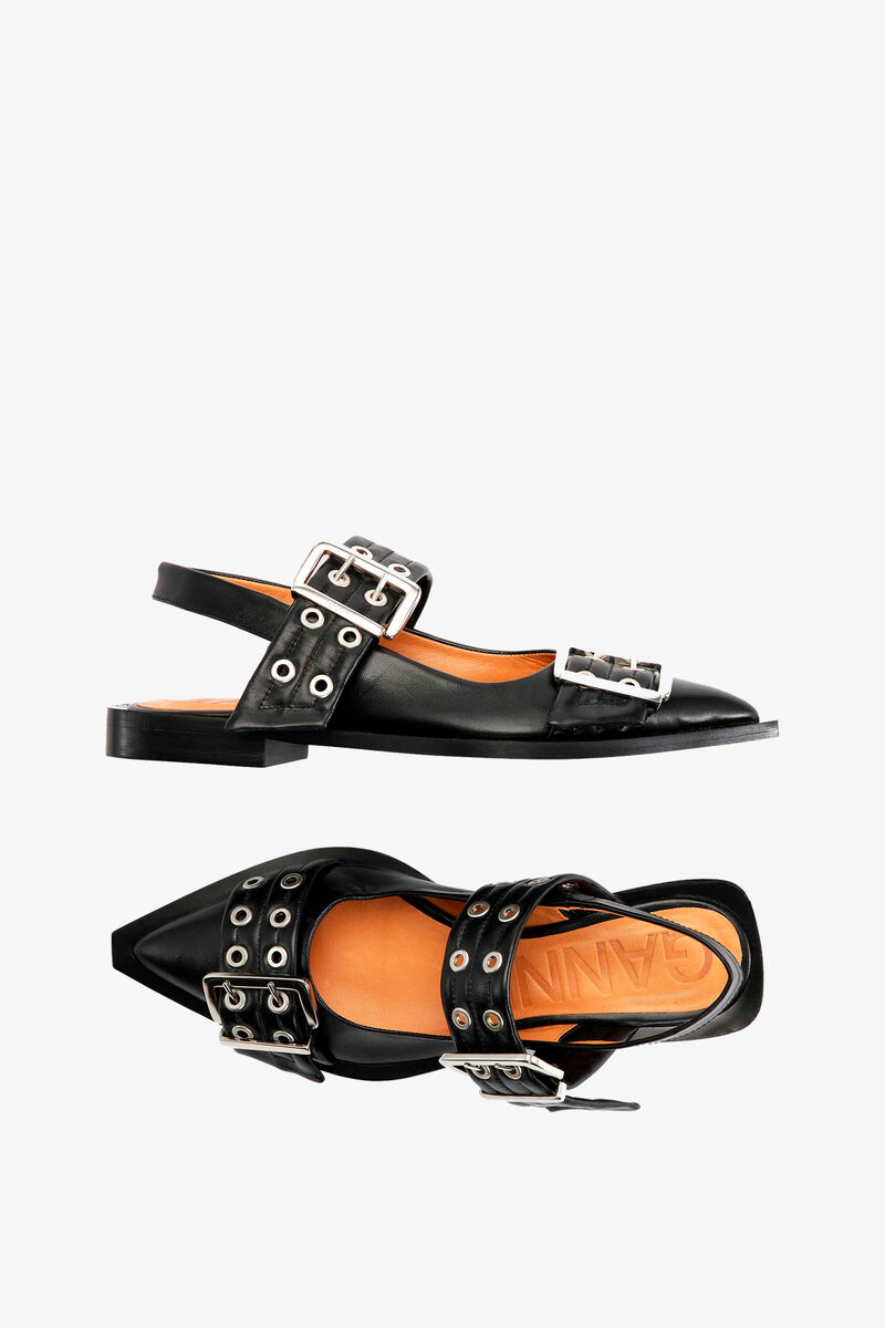 Matte Wide Welt Buckle Ballerinas, Calf Leather, in colour Black - 2 - GANNI