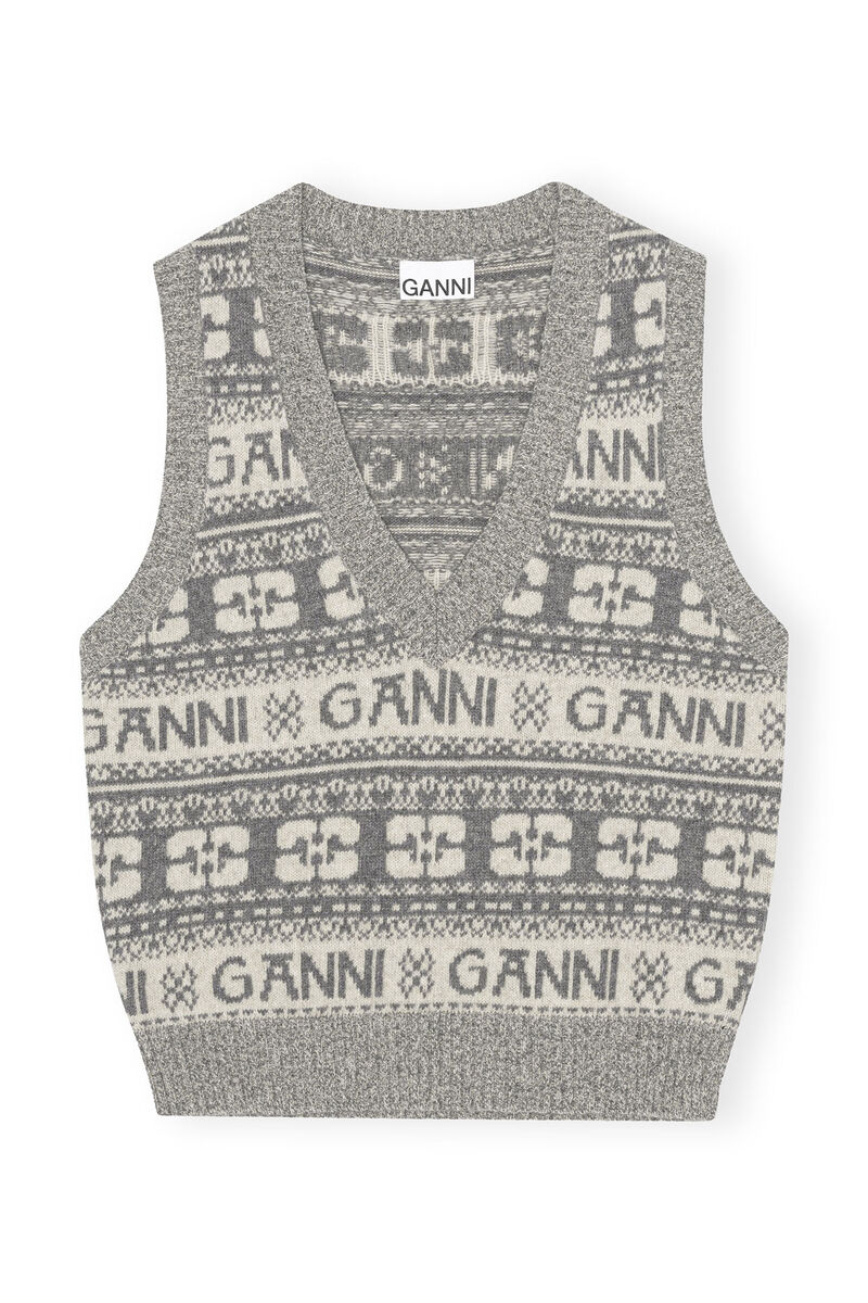 Grey Logo Wool Mix Vest, Recycled Polyamide, in colour Frost Gray - 1 - GANNI