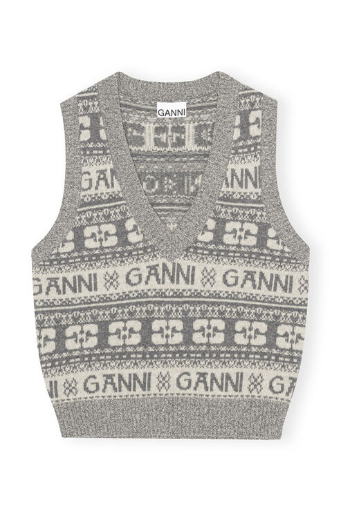 Shop Ganni Sleeveless Grey Logo Wool Mix Vest In Frost Gray