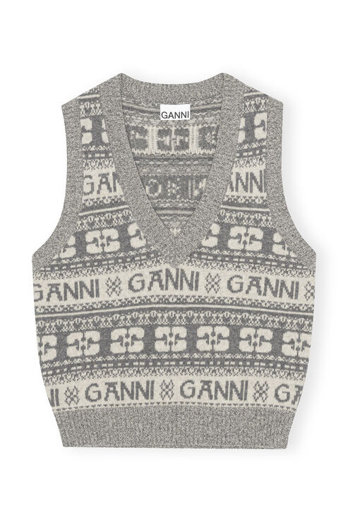 Ganni Sleeveless Grey Logo Wool Mix Vest ModeSens